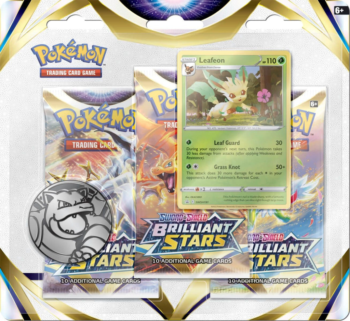 Pokémon Brilliant Stars three booster pack blister with a Leafeon promo card, sealed