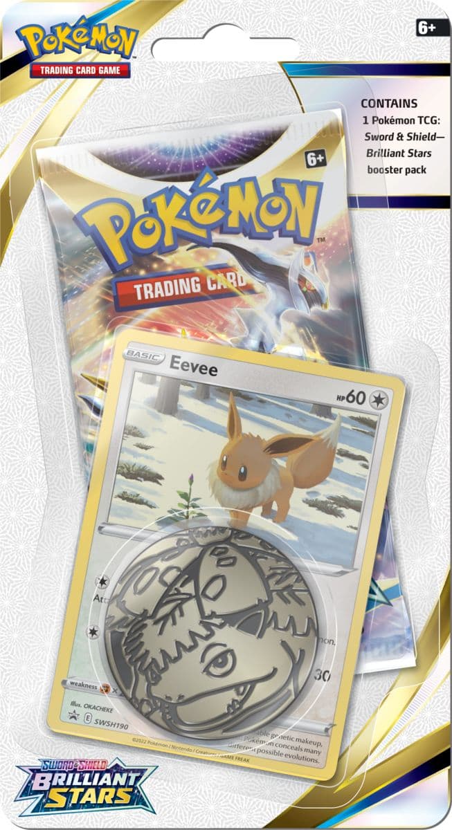 Pokémon Brilliant Stars booster pack blister with Eevee artwork on the card