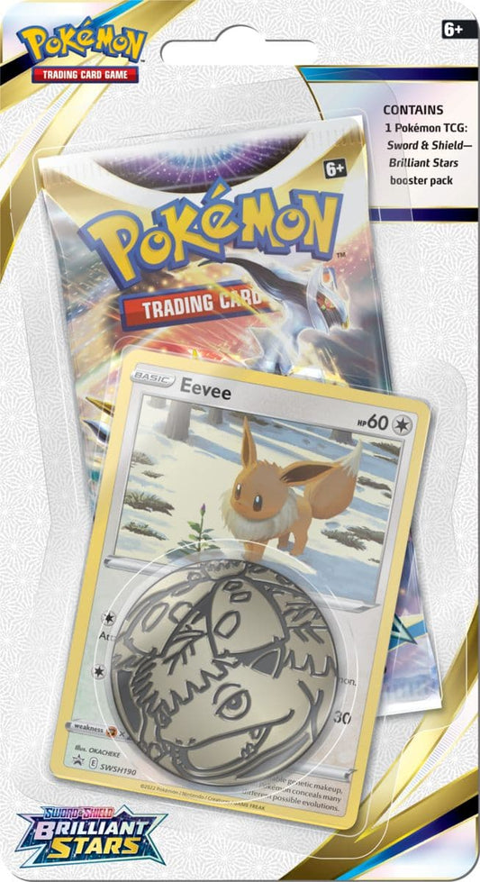 Pokémon Brilliant Stars booster pack blister with Eevee artwork on the card