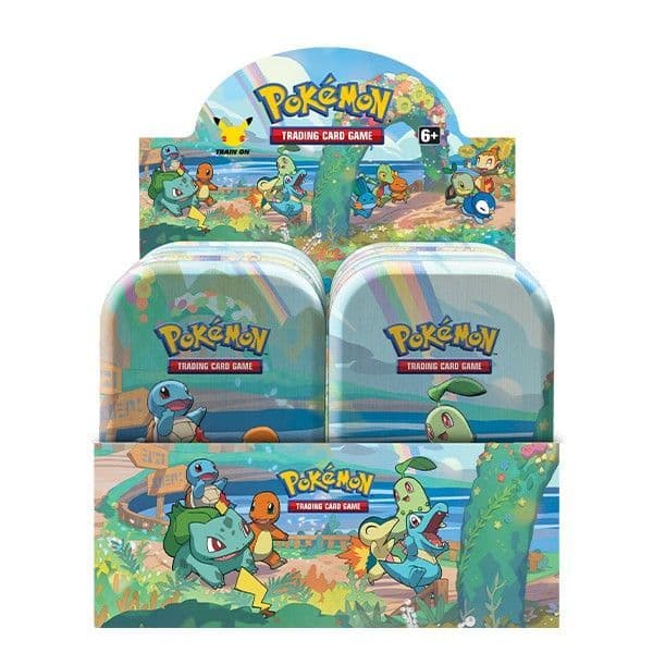 Pokémon TCG Celebrations mini tin shown front-on with 25th anniversary artwork