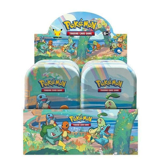Pokémon TCG Celebrations mini tin shown front-on with 25th anniversary artwork
