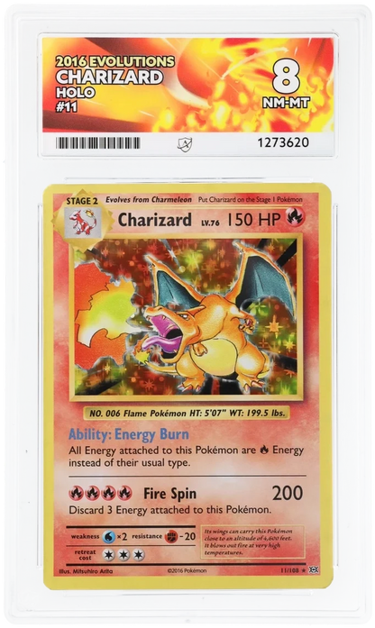 Charizard 11/108 Holo, 2016 Evolutions, ACE 8 NM-MT graded slab, front, cert 1273620