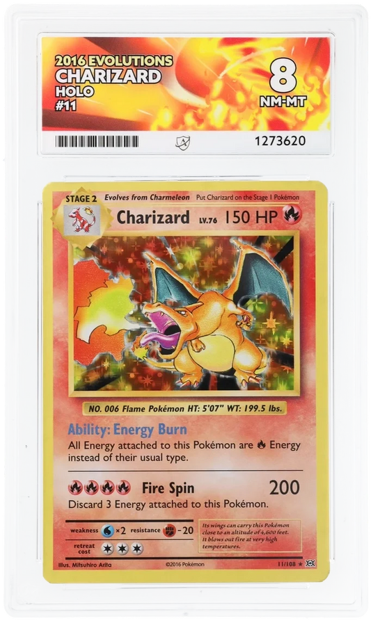 Charizard 11/108 Holo, 2016 Evolutions, ACE 8 NM-MT graded slab, front, cert 1273620