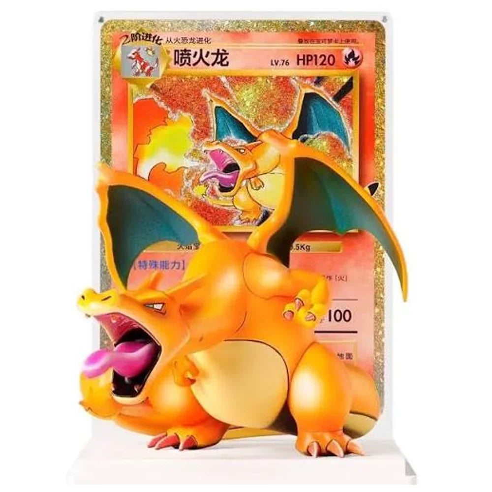 Everything inside the Charizard gift box — the figure, the oversized holo card and fifteen booster packs