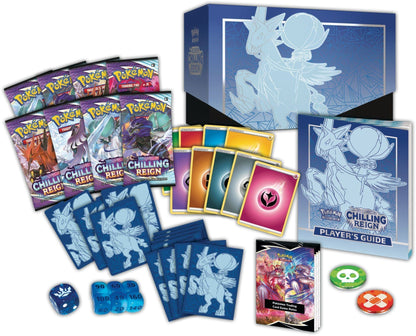Contents of the Pokémon TCG Chilling Reign Elite Trainer Box laid out