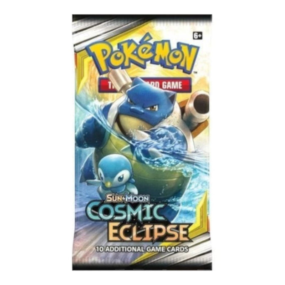 Pokémon TCG Cosmic Eclipse booster pack with Blastoise and Piplup artwork on the wrapper