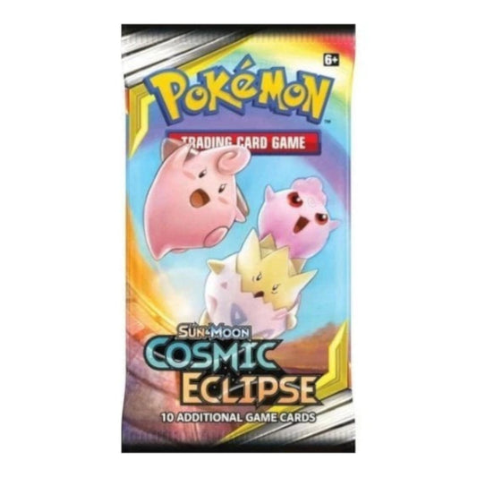 Pokémon TCG Cosmic Eclipse booster pack with Cleffa, Igglybuff and Togepi artwork on the wrapper