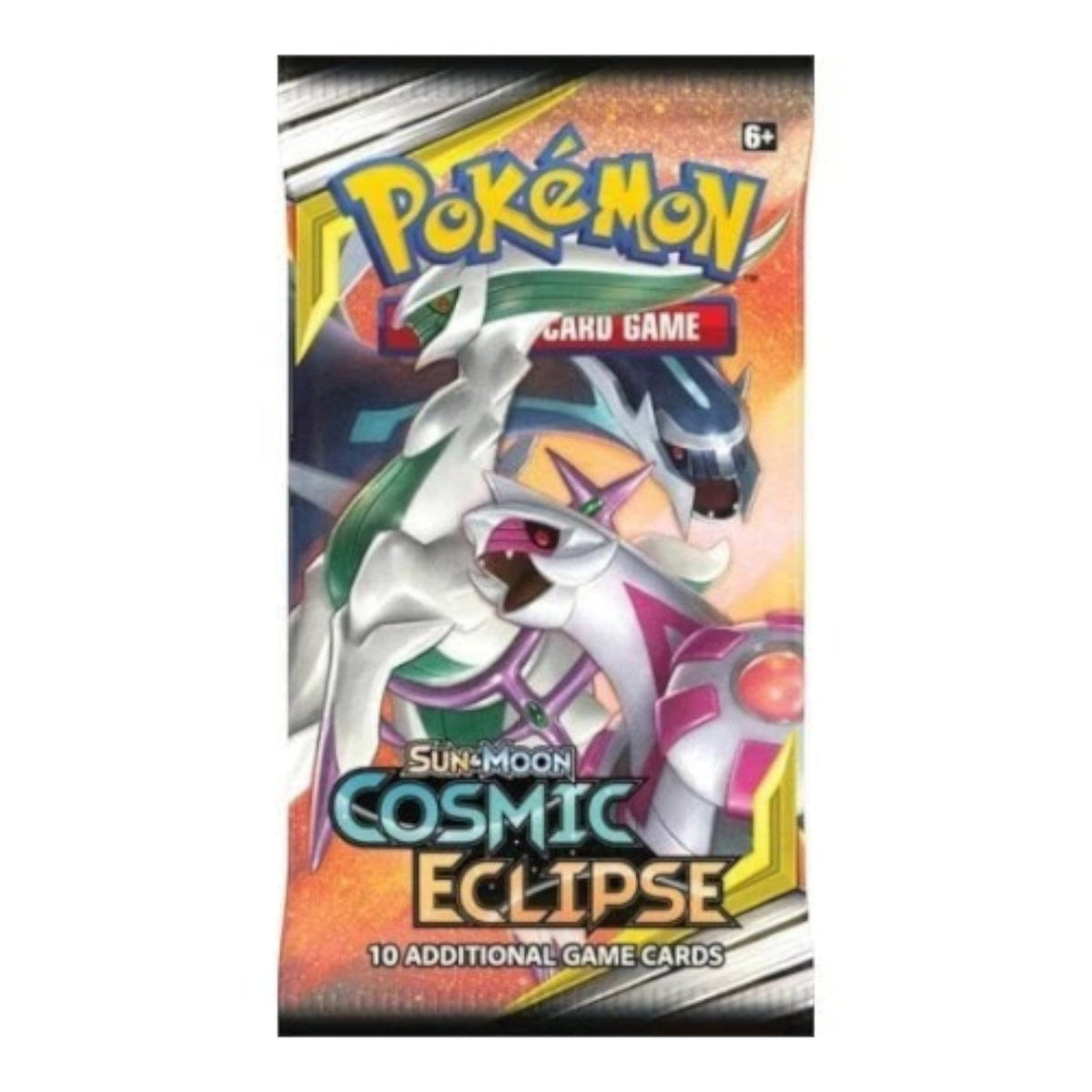 Pokémon TCG Cosmic Eclipse booster pack with Palkia and Dialga artwork on the wrapper