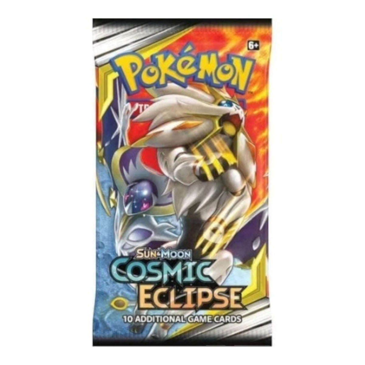 Pokémon TCG Cosmic Eclipse booster pack with Solgaleo and Lunala artwork on the wrapper