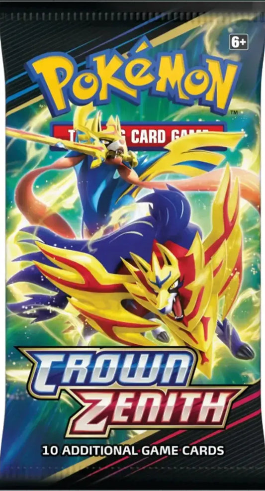 Pokémon TCG Crown Zenith booster pack shown front-on with Crown Zenith wrapper artwork