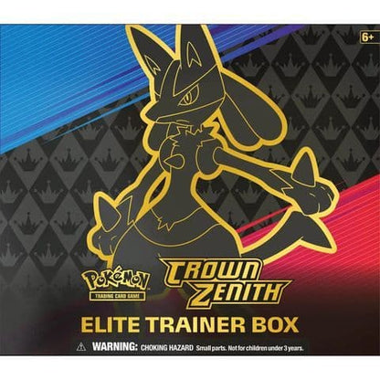 Back of the Pokémon Crown Zenith Elite Trainer Box showing what is inside
