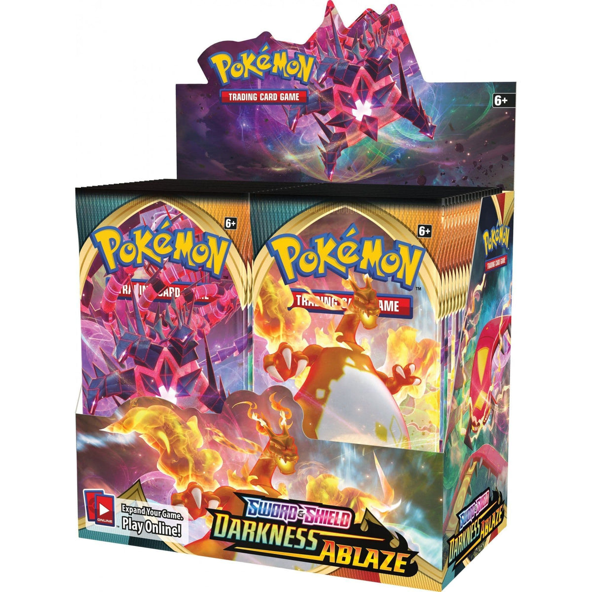 Pokémon TCG Sword & Shield Darkness Ablaze booster box shown front-on and sealed