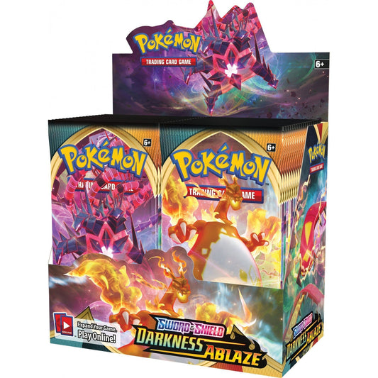 Pokémon TCG Sword & Shield Darkness Ablaze booster box shown front-on and sealed