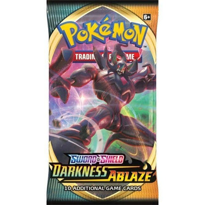 Pokémon Darkness Ablaze booster pack, a sealed Pokémon TCG expansion pack, packaging shown in closer detail