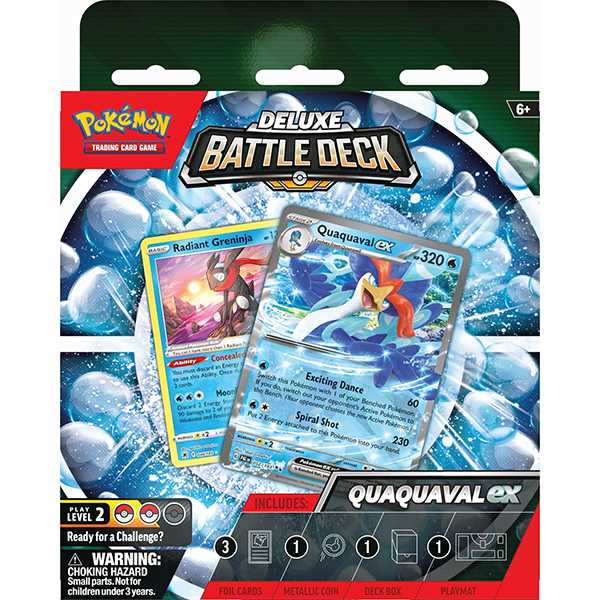 Rear of the Pokémon TCG Quaquaval ex and Meowscarada ex Deluxe Battle Decks packaging