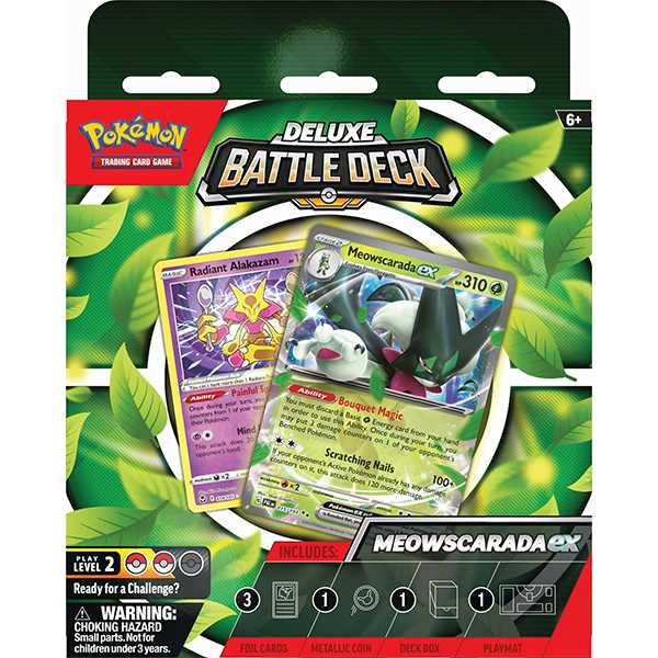 Contents of the Pokémon TCG Deluxe Battle Decks Quaquaval ex and Meowscarada ex laid out