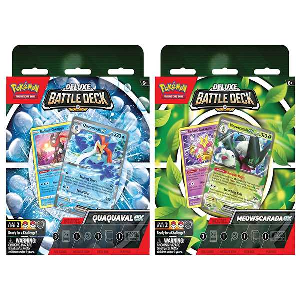 Pokémon TCG Deluxe Battle Decks featuring Quaquaval ex and Meowscarada ex shown front-on
