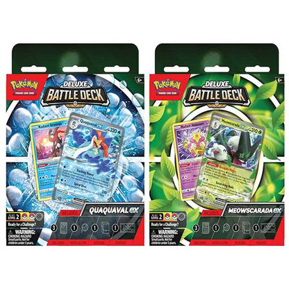 Pokémon TCG Deluxe Battle Decks featuring Quaquaval ex and Meowscarada ex shown front-on