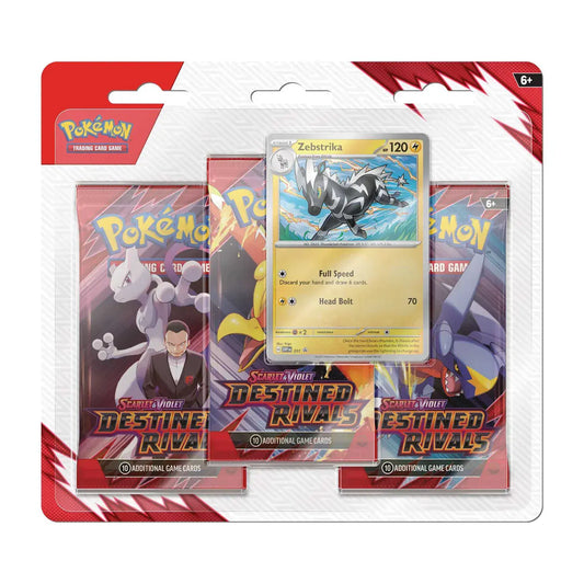 Pokémon TCG Destined Rivals three pack blister featuring Zebstrika with sealed booster packs