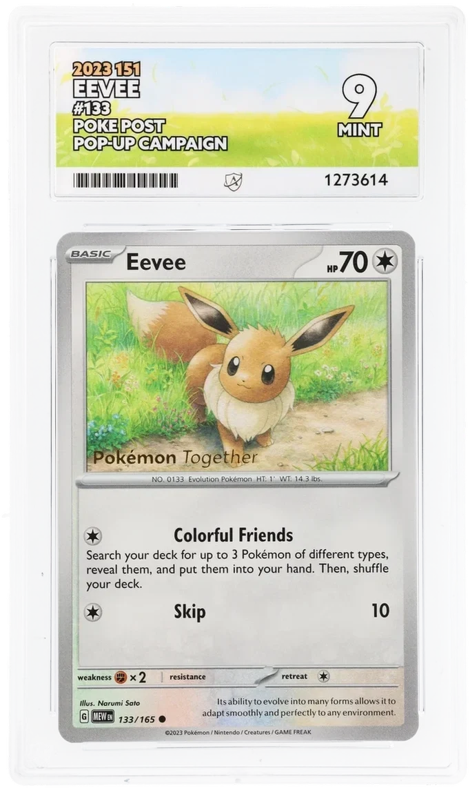 Eevee 133/165, 2023 151, ACE 9 MINT graded slab, front, cert 1273614