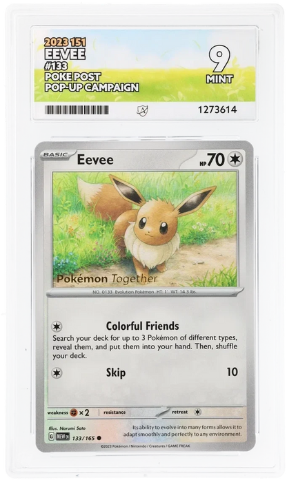 Eevee 133/165, 2023 151, ACE 9 MINT graded slab, front, cert 1273614