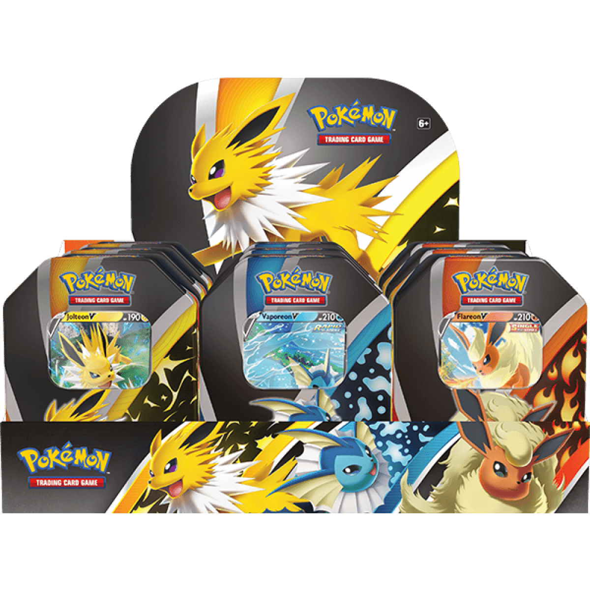 Pokémon TCG Eevee Evolutions collector's tin shown front-on in its sealed packaging