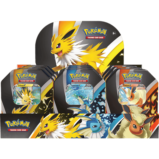 Pokémon TCG Eevee Evolutions collector's tin shown front-on in its sealed packaging