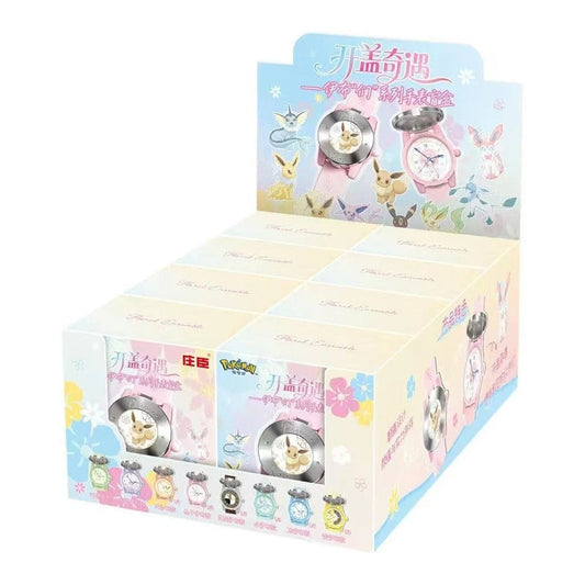 Display case of Pokémon Eevee evolutions watch blind boxes, as stocked at Neo Cards in Highworth
