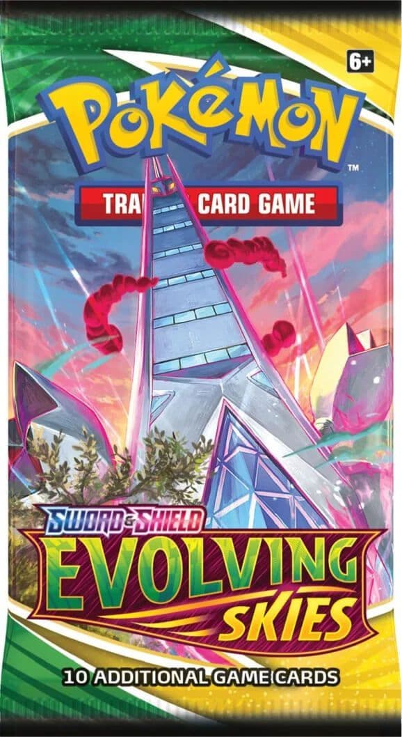 Pokémon Evolving Skies booster box, a sealed Pokémon TCG booster display, pictured from an alternate angle