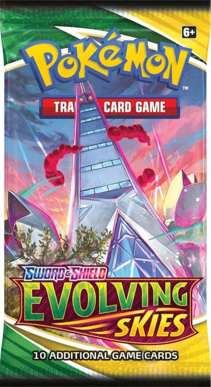 Pokémon Evolving Skies booster box, a sealed Pokémon TCG booster display, pictured from an alternate angle