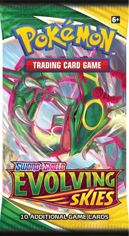 Pokémon Evolving Skies booster box, a sealed Pokémon TCG booster display, packaging shown in closer detail