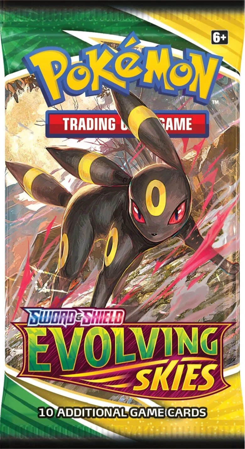 Pokémon Evolving Skies booster box, a sealed Pokémon TCG booster display, photographed in a further product view