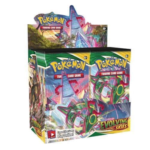 Pokémon Evolving Skies booster box, a sealed Pokémon TCG booster display, shown front-on