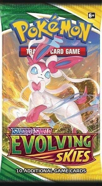 Rear of a Pokémon TCG Evolving Skies booster pack showing product information