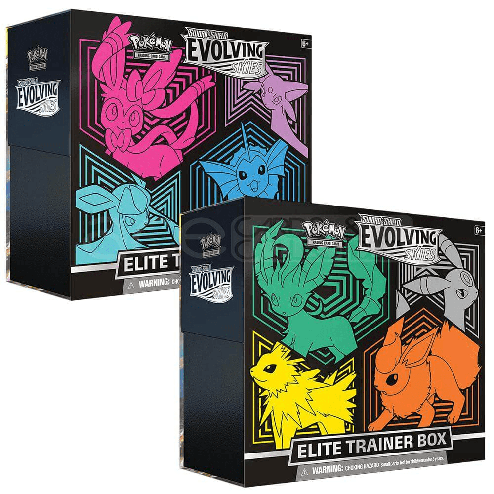 Evolving Skies Elite Trainer Box designs featuring Leafeon, Umbreon, Jolteon and Flareon