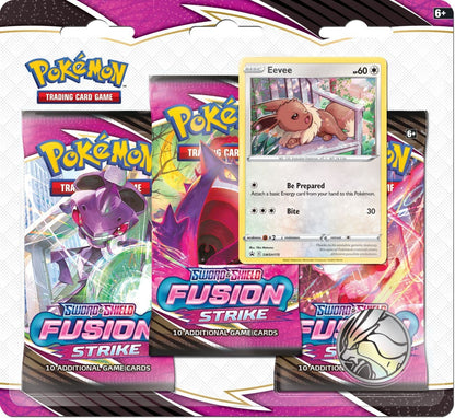 Pokémon Fusion Strike three booster pack blister with an Eevee promo card, sealed
