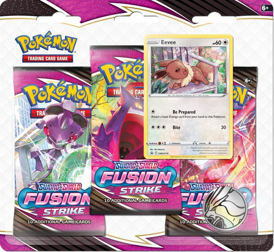 Pokémon Fusion Strike three booster pack blister with an Eevee promo card, sealed