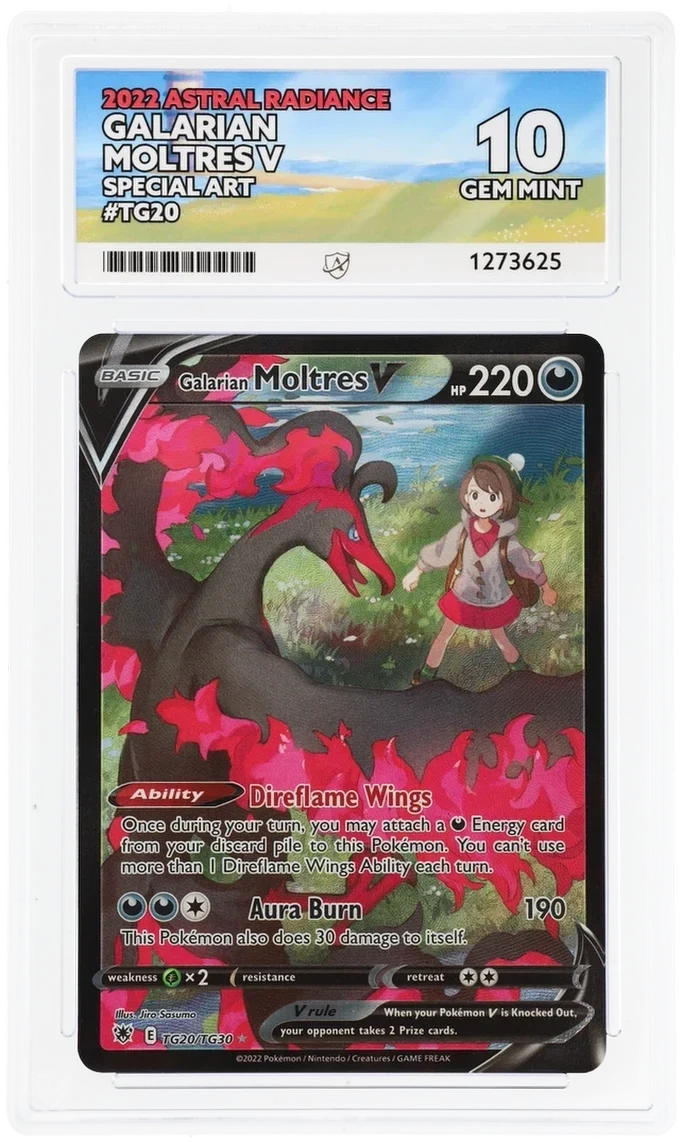 Galarian Moltres V TG20/TG30 Special Art, 2022 Astral Radiance, ACE 10 GEM MINT graded slab, front, cert 1273625