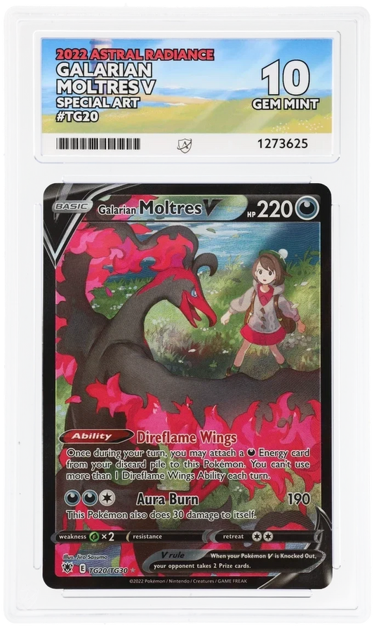 Galarian Moltres V TG20/TG30 Special Art, 2022 Astral Radiance, ACE 10 GEM MINT graded slab, front, cert 1273625