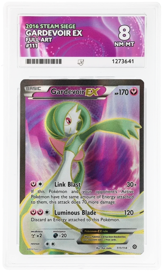 Gardevoir EX 111/114 Full Art, 2016 Steam Siege, ACE 8 NM-MT graded slab, front, cert 1273641