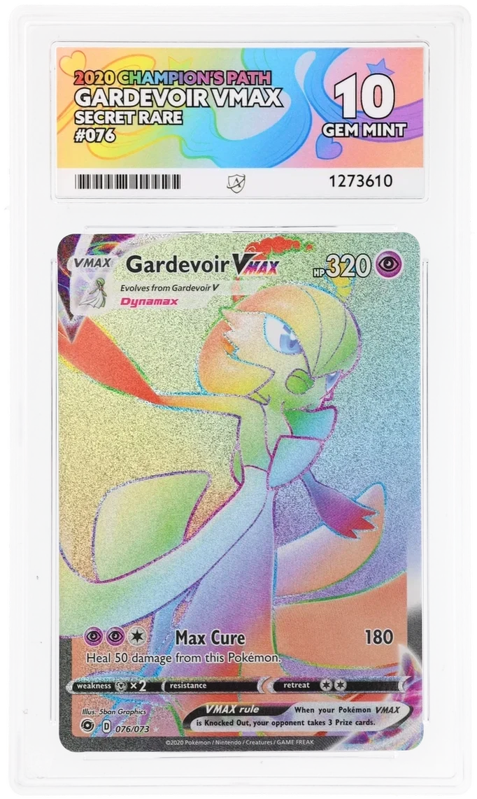 Gardevoir VMAX 076/073 Secret Rare, 2020 Champion's Path, ACE 10 GEM MINT graded slab, front, cert 1273610