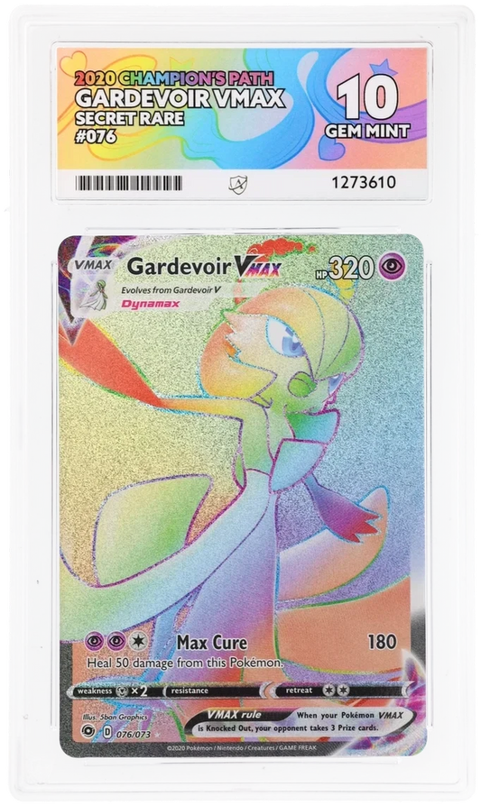 Gardevoir VMAX 076/073 Secret Rare, 2020 Champion's Path, ACE 10 GEM MINT graded slab, front, cert 1273610