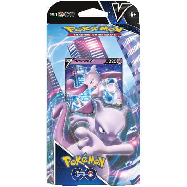 Pokémon GO Mewtwo V battle deck box front with Mewtwo V cover artwork