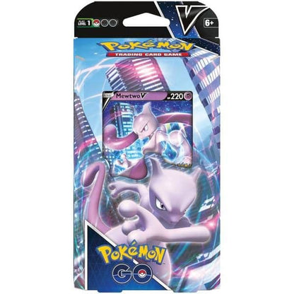 Pokémon GO Mewtwo V battle deck box front with Mewtwo V cover artwork