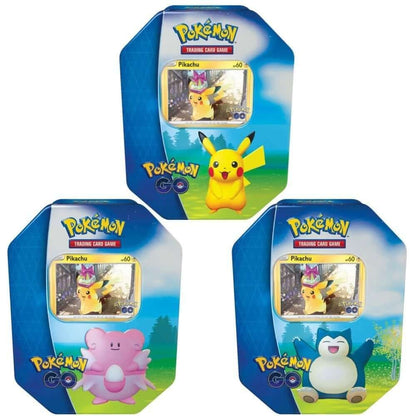 Pokémon TCG Pokémon GO collector tins featuring the Blissey, Pikachu and Snorlax designs