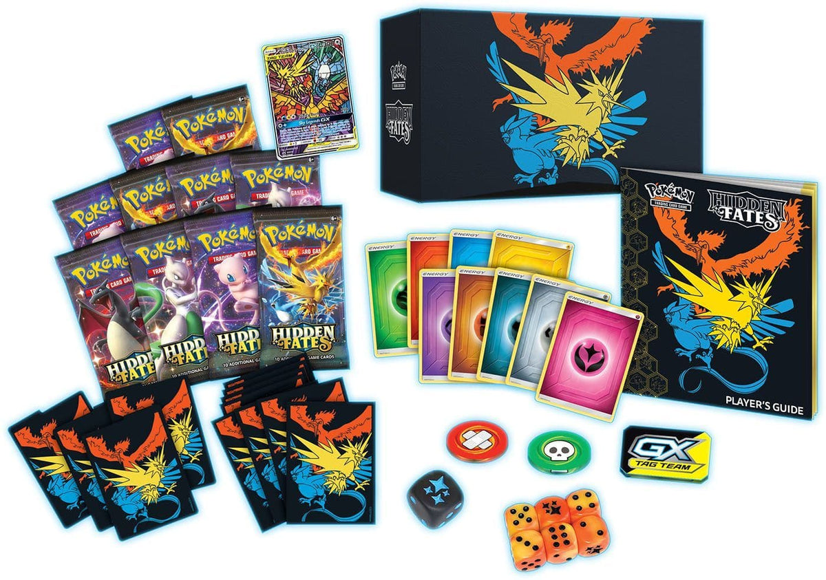 Rear of the Pokémon TCG Hidden Fates Elite Trainer Box showing the contents listing