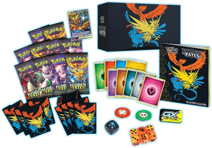 Rear of the Pokémon TCG Hidden Fates Elite Trainer Box showing the contents listing