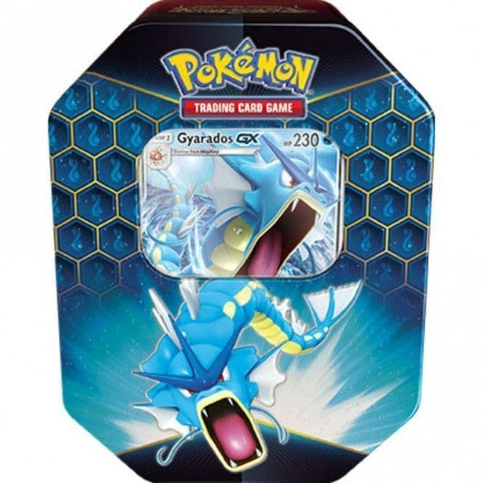 Pokémon TCG Hidden Fates collector tin featuring Gyarados GX shown front-on
