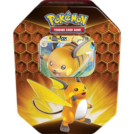 Pokémon Hidden Fates collector tin featuring Raichu GX on the lid artwork