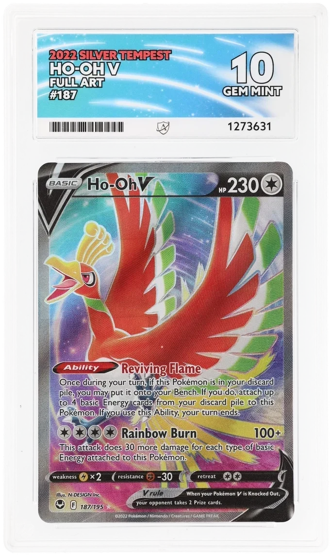 Ho-Oh V 187/195 Full Art, 2022 Silver Tempest, ACE 10 GEM MINT graded slab, front, cert 1273631
